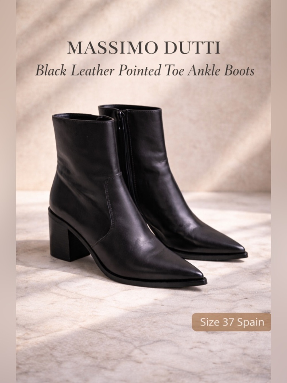 Massimo Dutti Black Leather Pointed Toe Ankle Boots Size 37 Spain